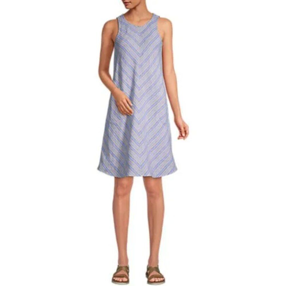 LANDS' END Striped Sleeveless Knee Length Linen Swing Dress Blue/Tan Women's 1X
